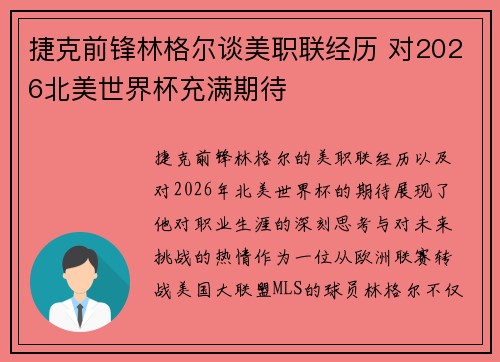 捷克前锋林格尔谈美职联经历 对2026北美世界杯充满期待 捷克前锋林格尔谈美职联经历 对2026北美世界杯充满期待