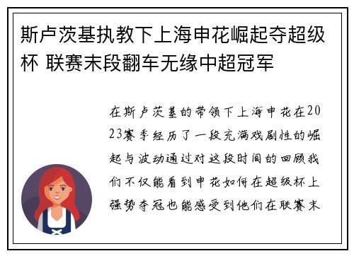 斯卢茨基执教下上海申花崛起夺超级杯 联赛末段翻车无缘中超冠军